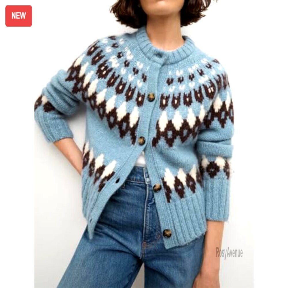Fair Isle Cropped Cardigan Chunky Knit Crewneck Long Sleeve Sweater Cozy Fall - Picture 3 of 7